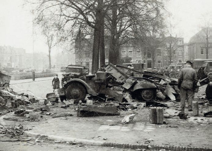 Destroyed Canadian military vehicles in Nijmegen on February 24, 1945..