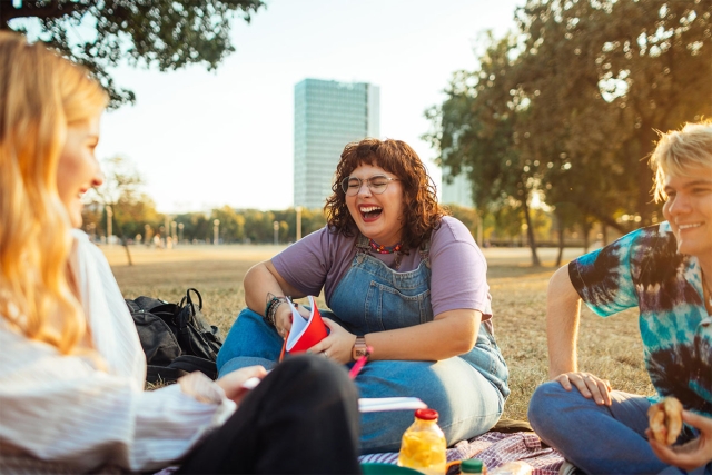Friends picnic in the park at sunset